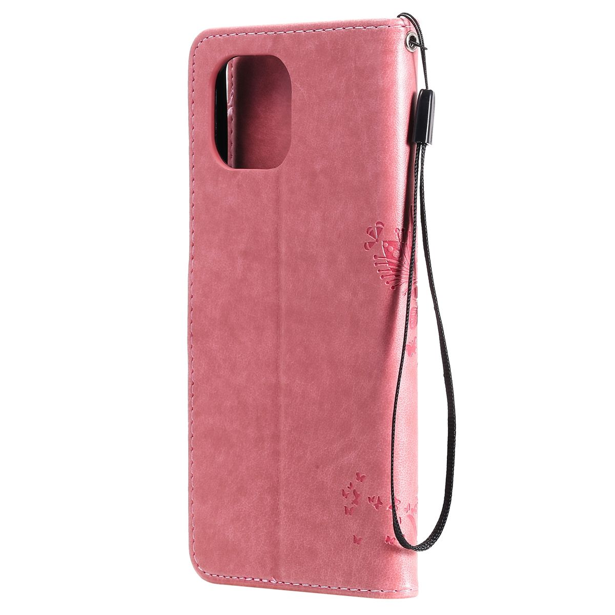 Rosa Handyhülle mit floralem Design und schwarzem Riemen. Die Hülle ist lederartig mit Kameraausschnitt.