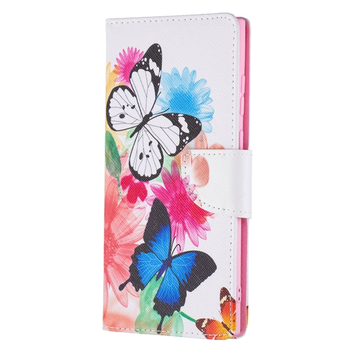 Weißes Handycase mit floralem Design. Schmetterlinge und Blumen sind auf der Vorderseite des Cases.