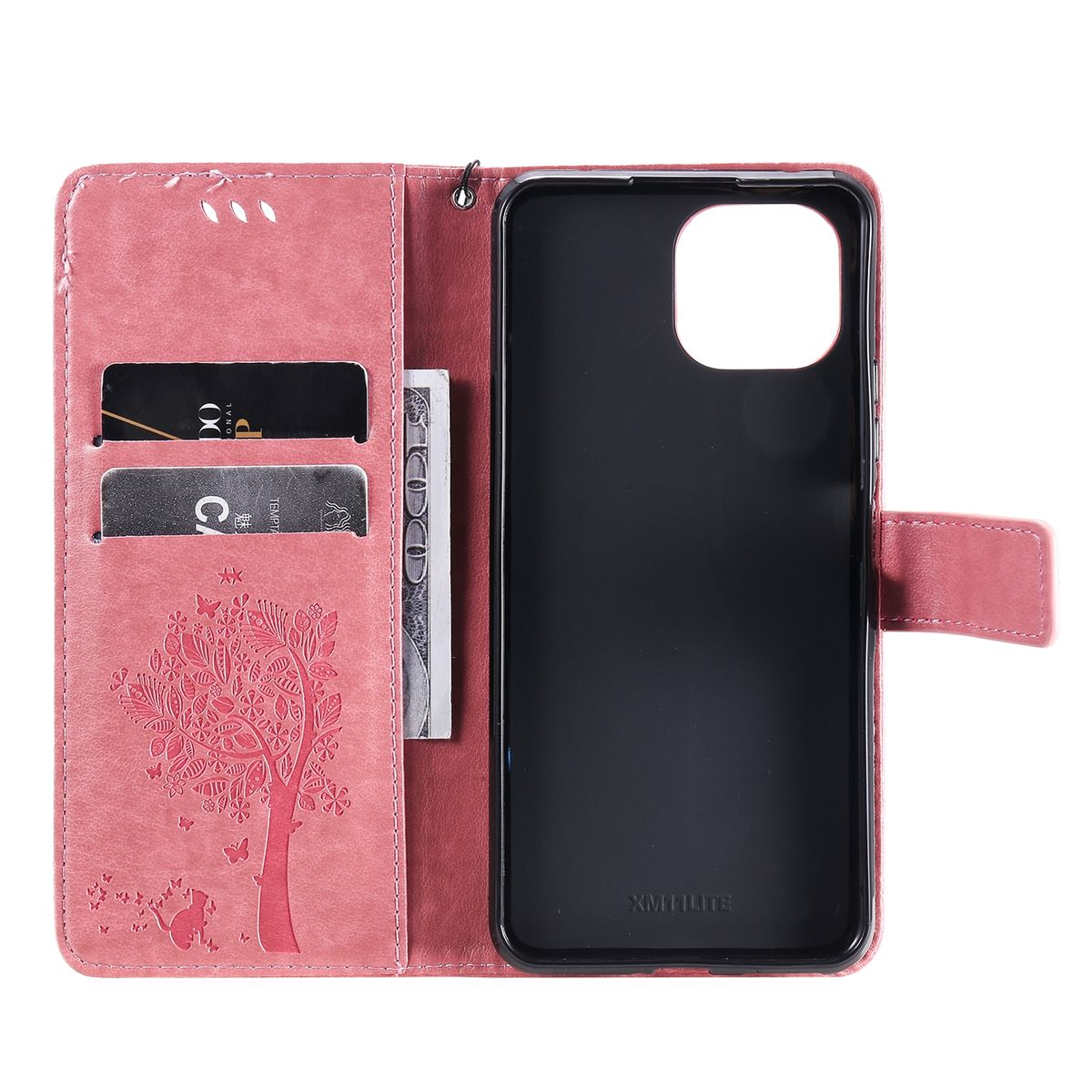 Rosa Handyhülle mit Baumdesign. Karten und Geld im Inneren. Telefon rechts.