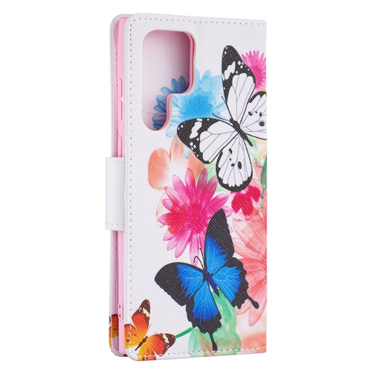 Weiße Handyhülle mit Schmetterlingsdesign. Mit rosa und blauen Blumen und einem Magnetverschluss.