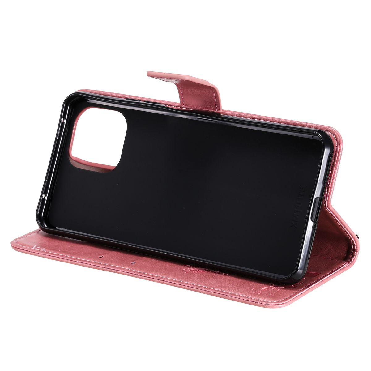 Eine pinkfarbene Handyhülle, geöffnet, die das Telefon und sein Inneres zeigt. Die Hülle besteht aus rosa Leder.