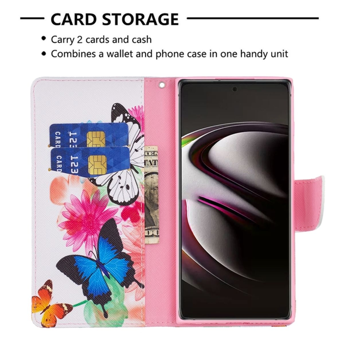 Pinkes Handycase mit Schmetterlingsdesign, das Karten und Bargeld hält. Weißes Innen, rosa Außen.