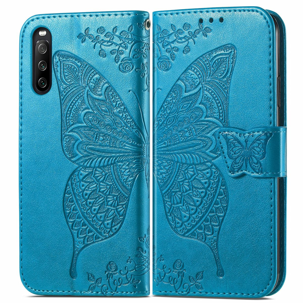 Blaue Handyhülle mit Schmetterlingsdesign, geöffnet, um das Telefon anzuzeigen.