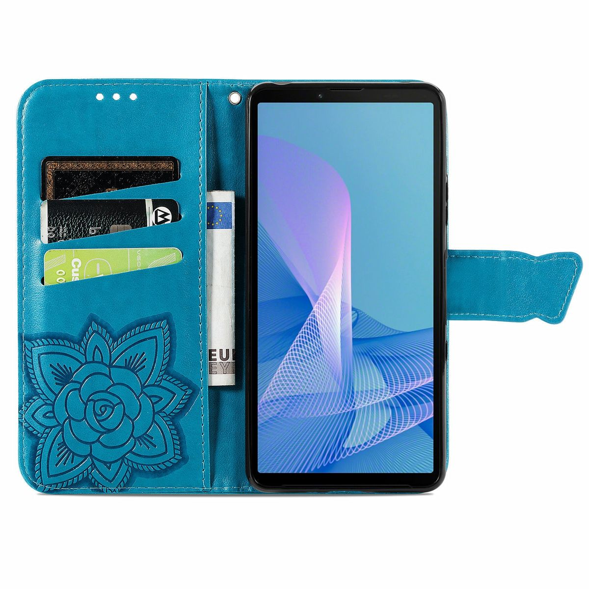 Blaue Handyhülle mit Blumenmuster und Karten. Ein Smartphone zeigt seinen Startbildschirm.