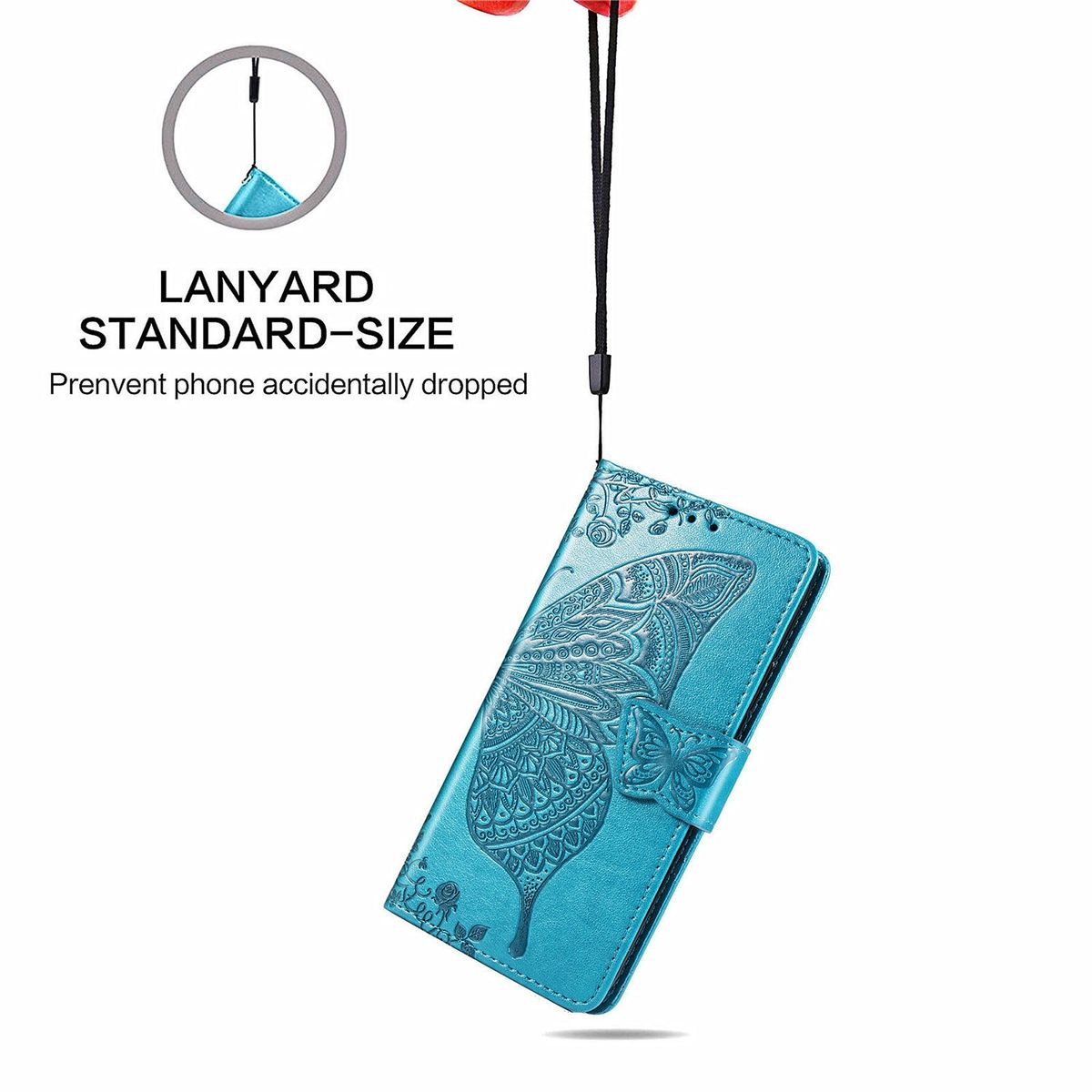 Blaue Handyhülle mit Riemen. Die Hülle ist geöffnet und zeigt ein Diagramm eines Lanyards und Text.
