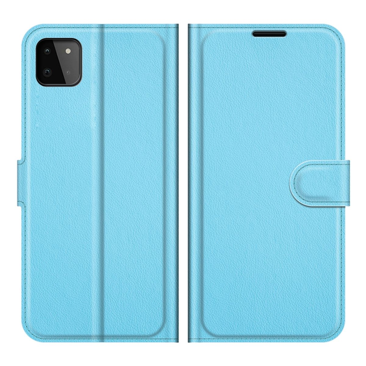 Hellblaue Handyhülle, offen und geschlossen, mit einem Telefon darin.