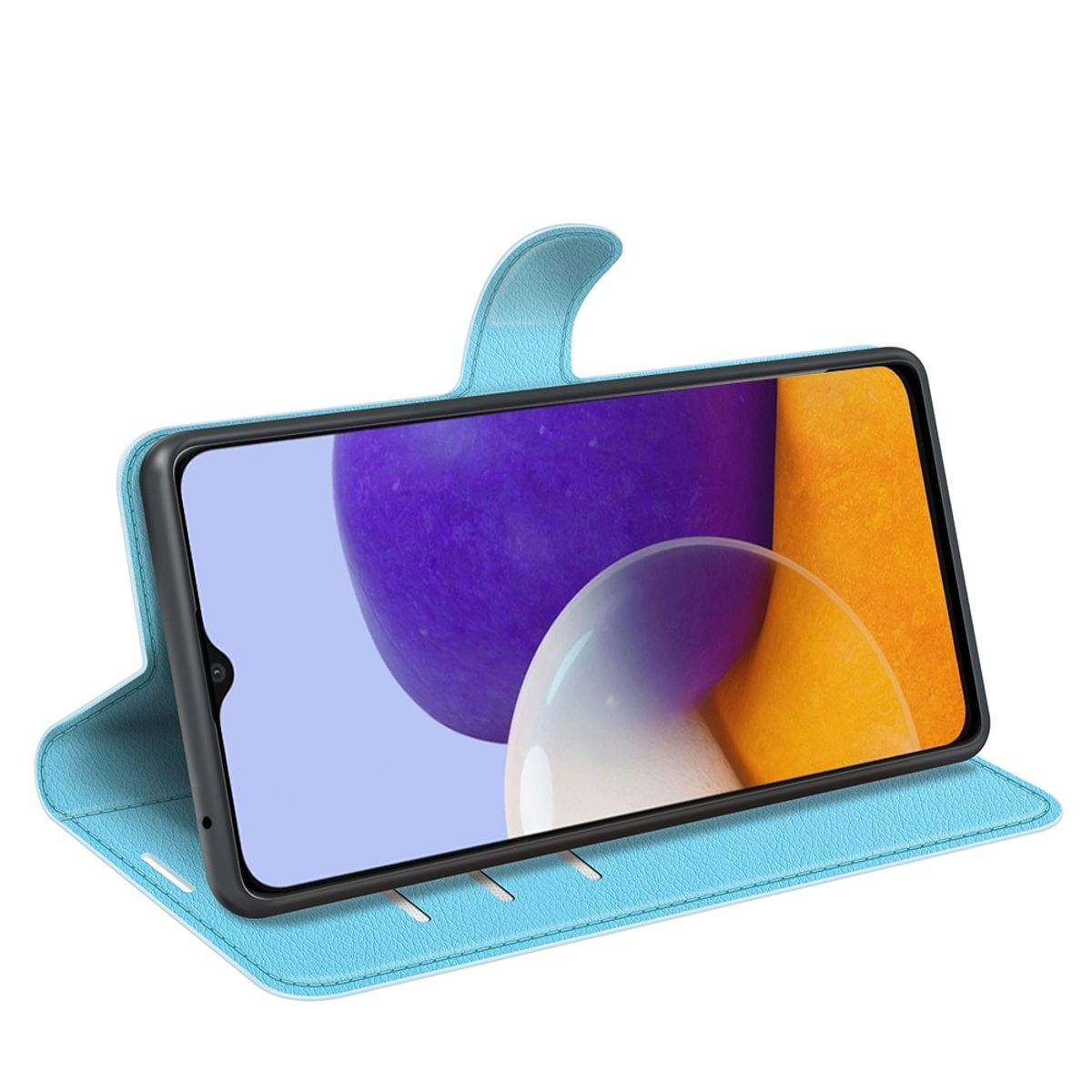 Eine offene blaue Handyhülle mit einem Telefon darin. Ein lila und orangefarbener Hintergrund ist auf dem Bildschirm.