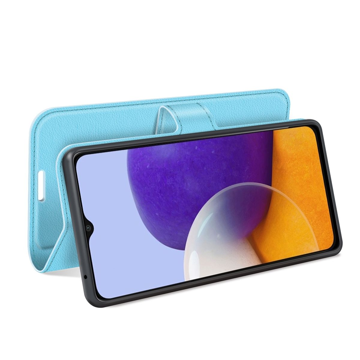 Hellblaue Handyhülle mit einem Telefon darin. Der Bildschirm des Telefons zeigt ein lila-oranges Bild.