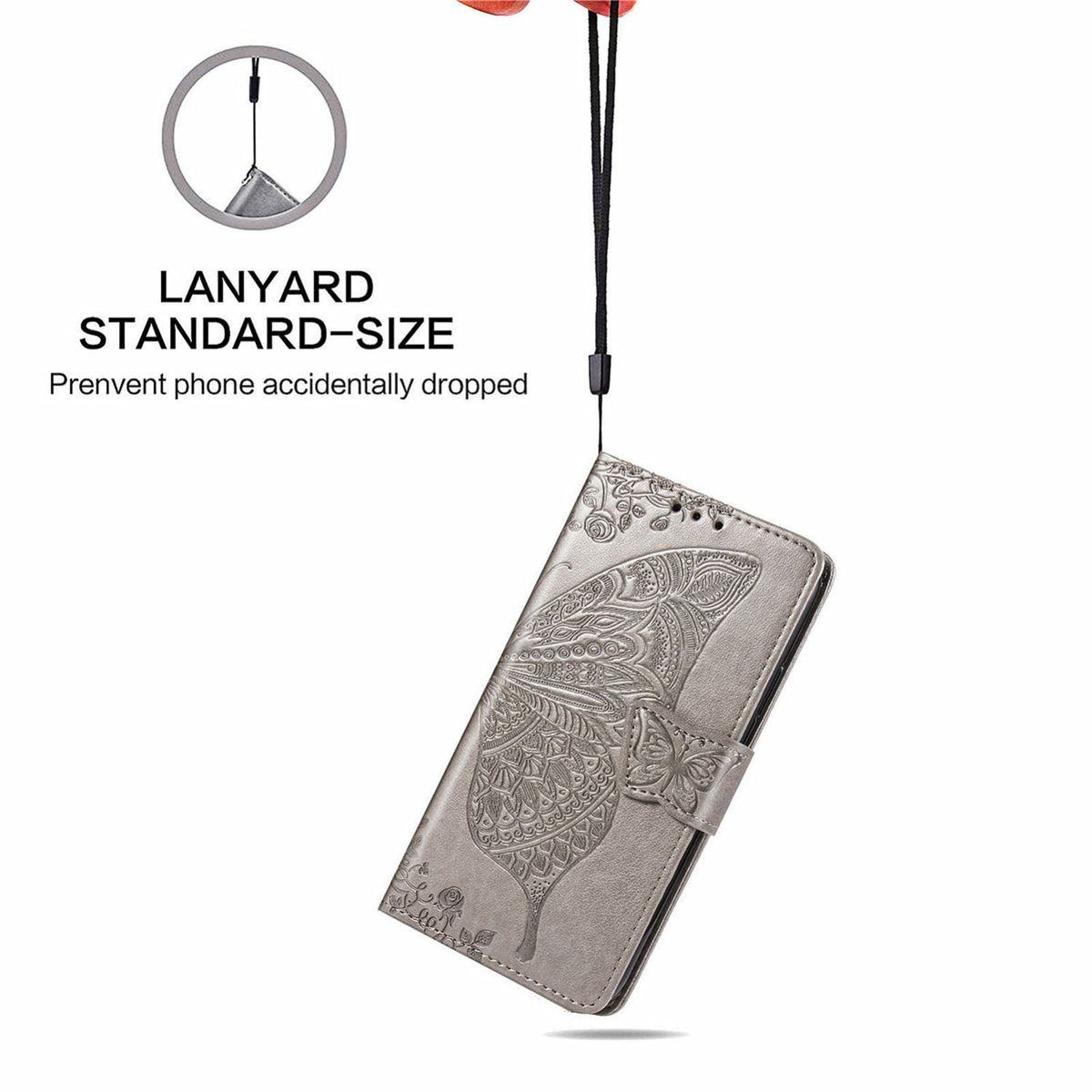 Graue Handyhülle mit Schmetterlingsdesign und schwarzem Lanyard. Die Hülle ist geschlossen. Weißer Hintergrund.