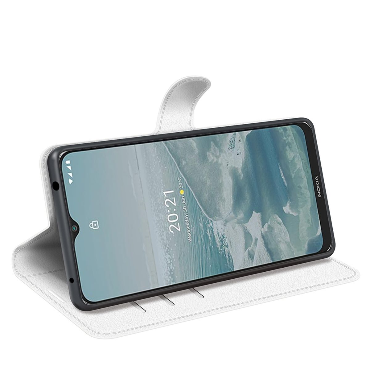 Eine weiße Handyhülle mit einem Telefon darin, das die Uhrzeit anzeigt, auf weißem Hintergrund.