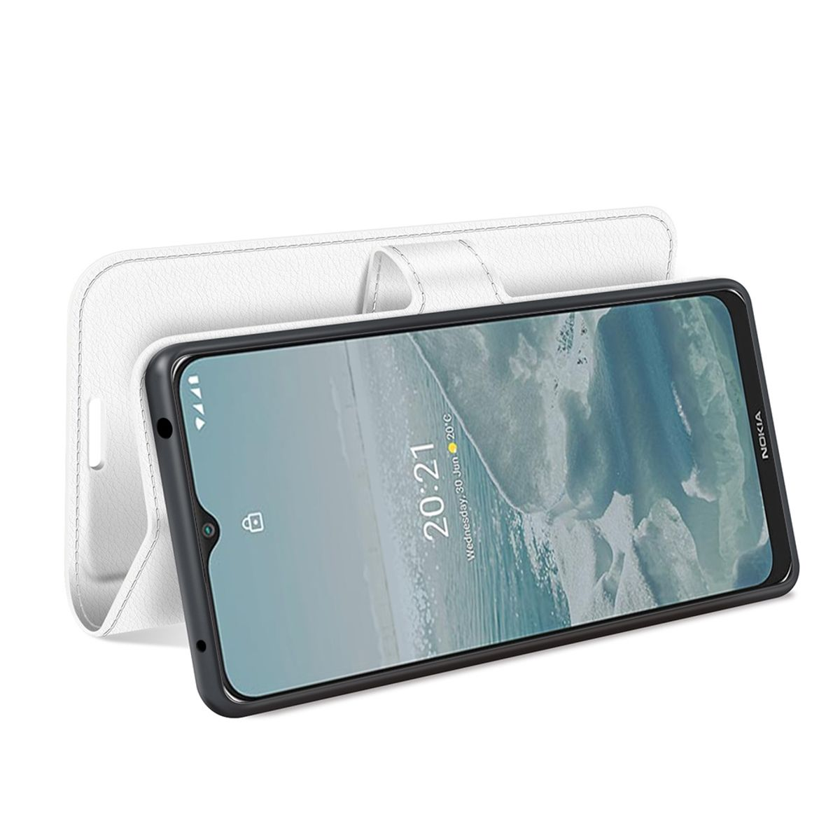 Eine weiße Handyhülle mit einem schwarzen Telefon darin, die Hülle ist geöffnet und liegt auf einer Oberfläche.