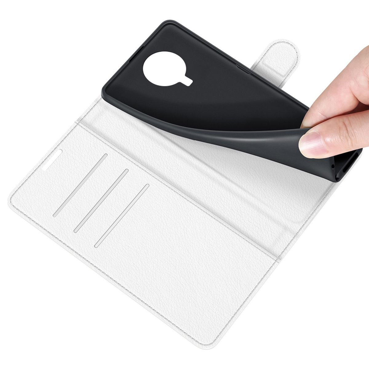 Eine weiße Handyhülle geöffnet, mit dem Telefon im Inneren und Hand, die es hält.