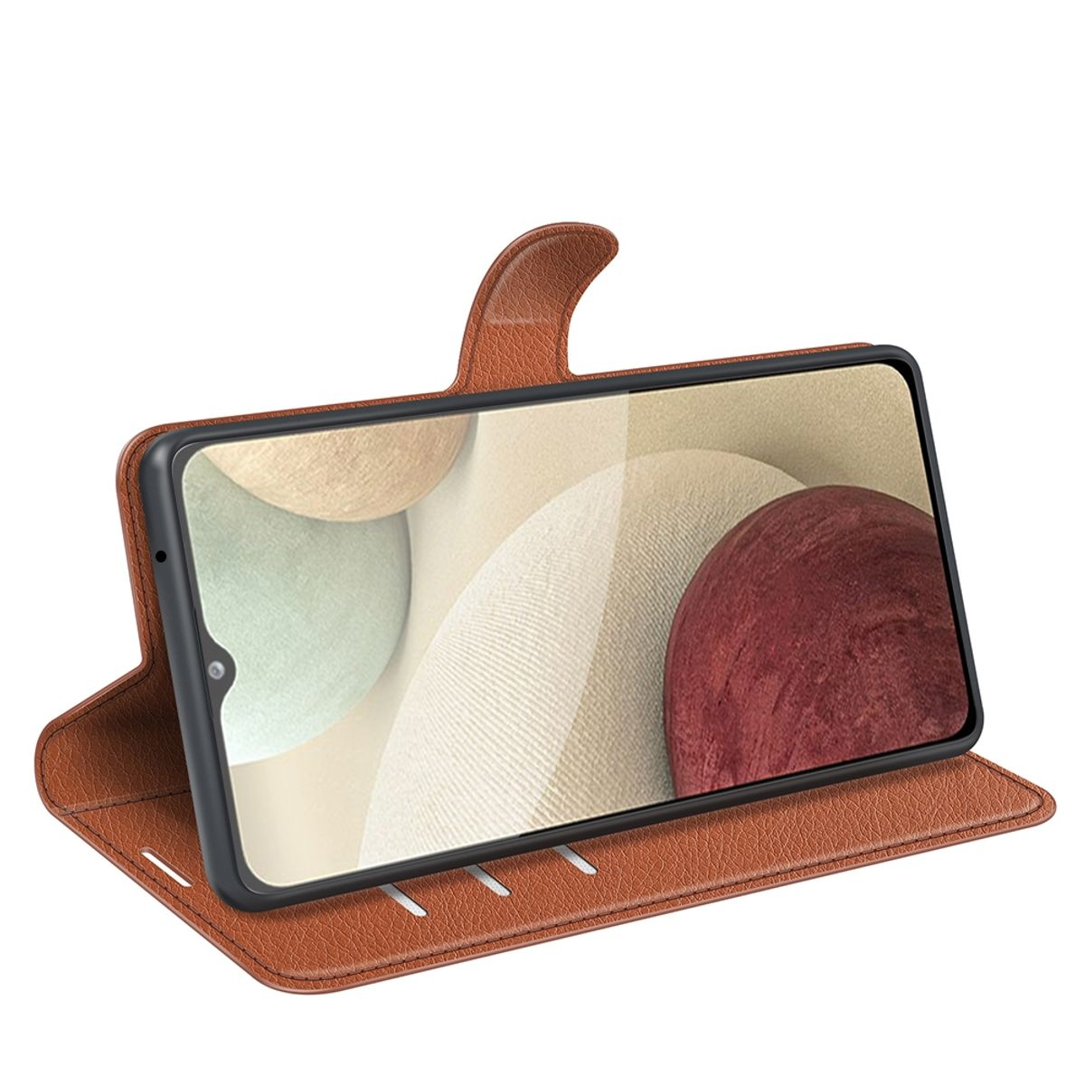 Braune Leder-Handyhülle mit Telefon, das einen farbenfrohen Bildschirm anzeigt, offen auf einem Tisch.