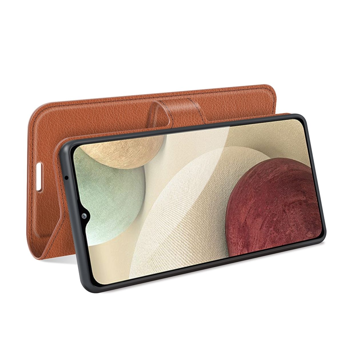 Braune Leder-Handyhülle mit Telefon. Das Telefon zeigt ein abstraktes Bild.