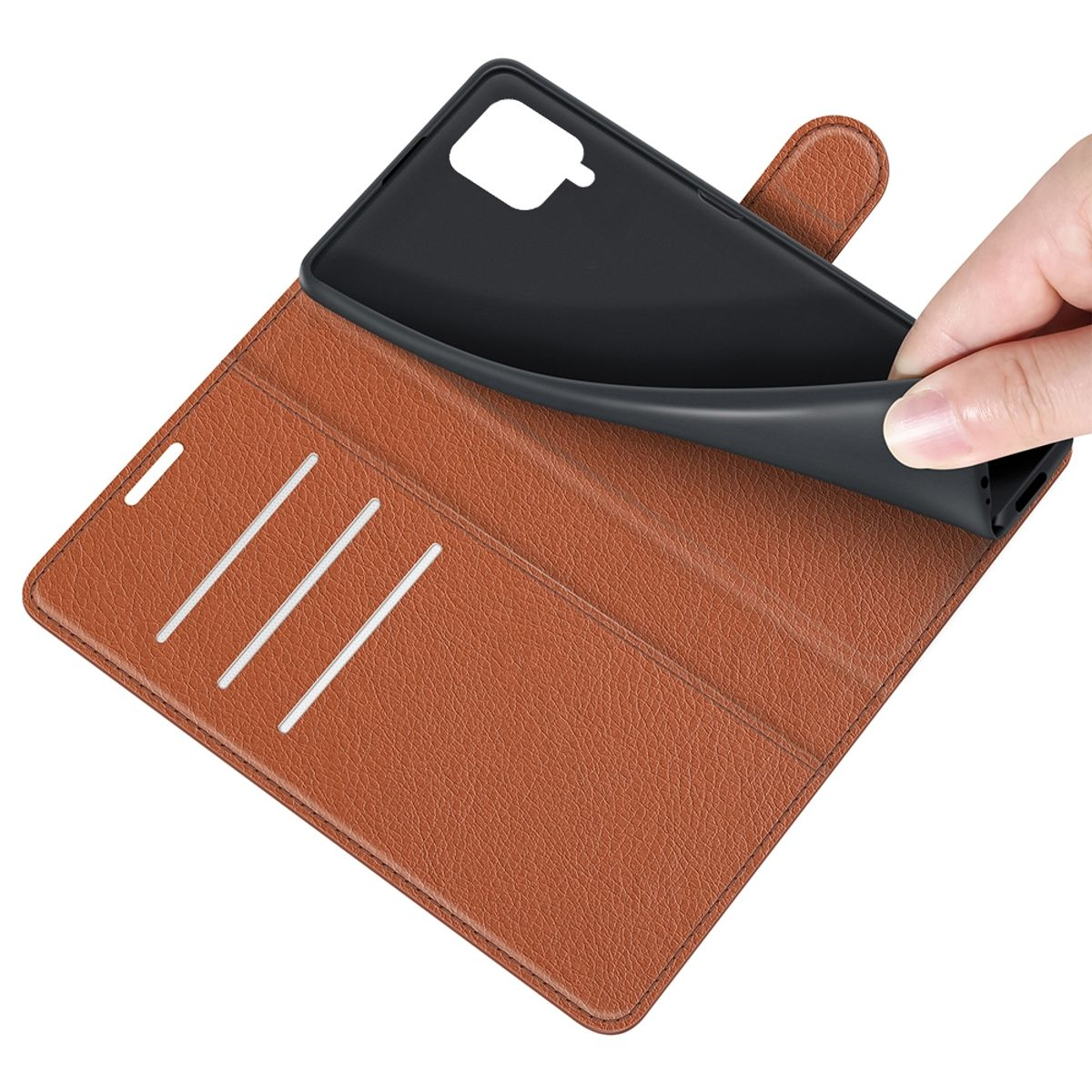 Braune Leder-Handyhülle offen mit Telefon. Hülle hat Kartenfächer und Magnetverschluss.