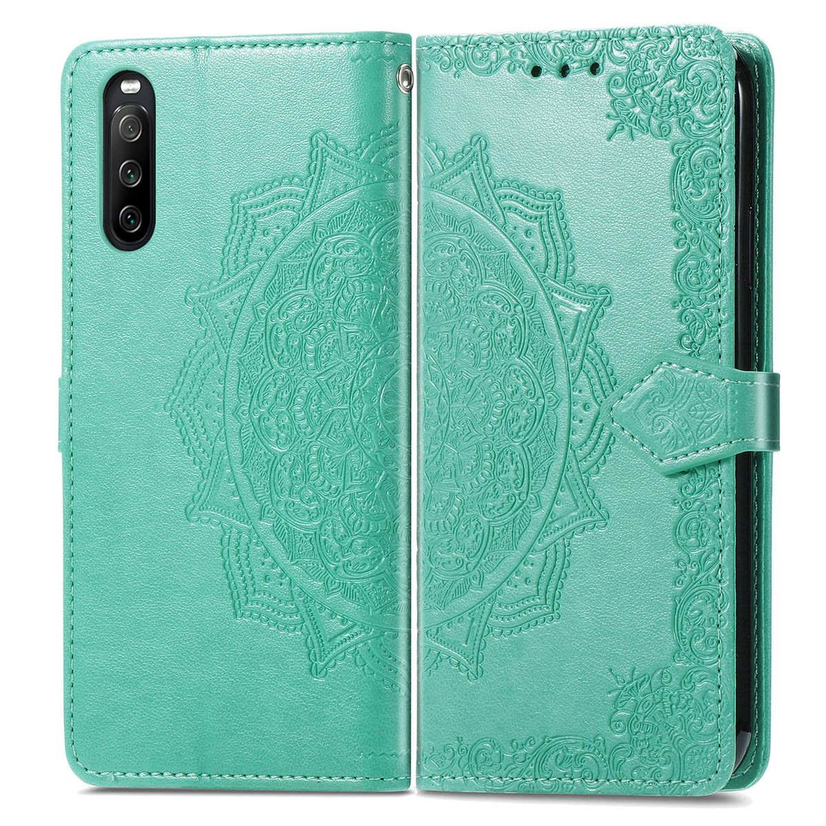Grüne Handyhülle mit Blumendesign und Mandala. Geöffnete und geschlossene Ansicht.