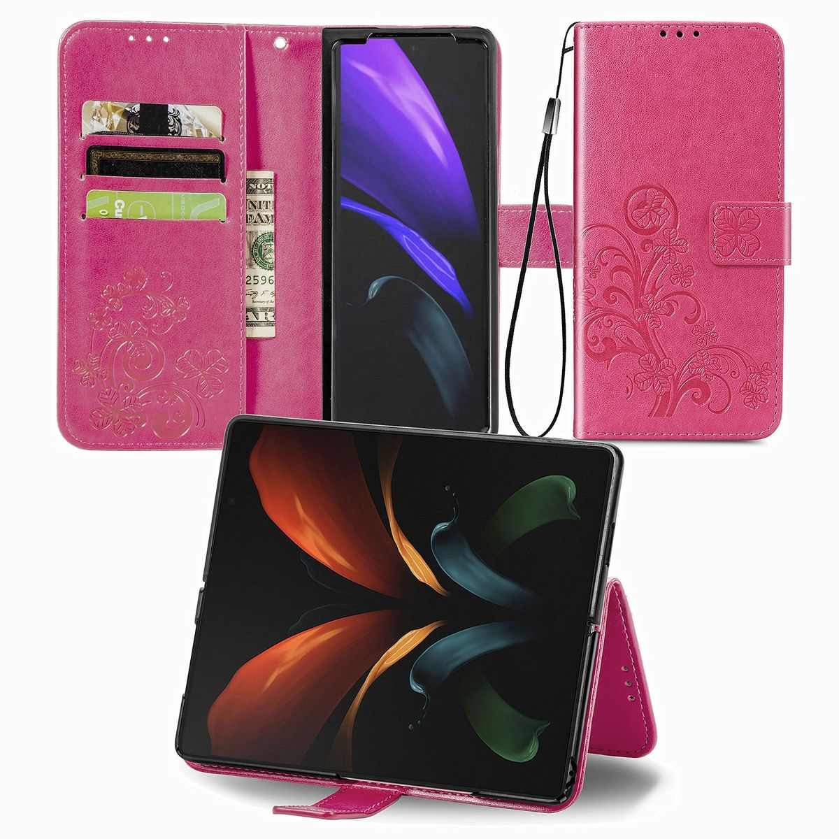 Rosa Handyhülle mit floralem Design. Mehrere Ansichten zeigen die Hülle offen und gefaltet.