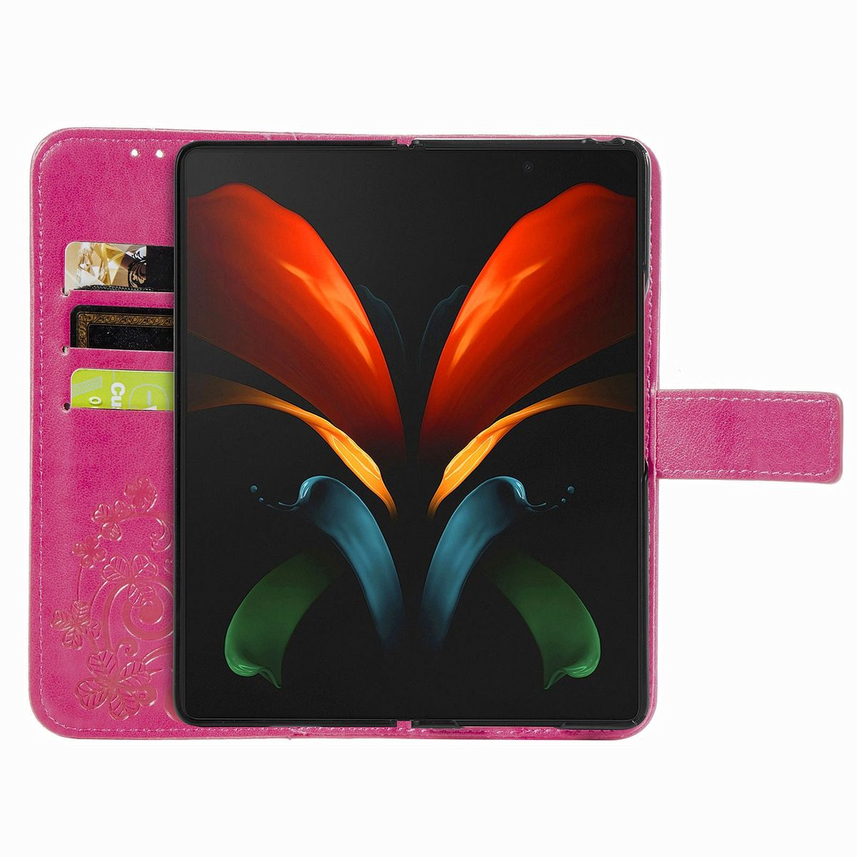 Eine pinkfarbene Handyhülle mit floralem Design und Verschluss, geöffnet, um ein Tablet zu zeigen.