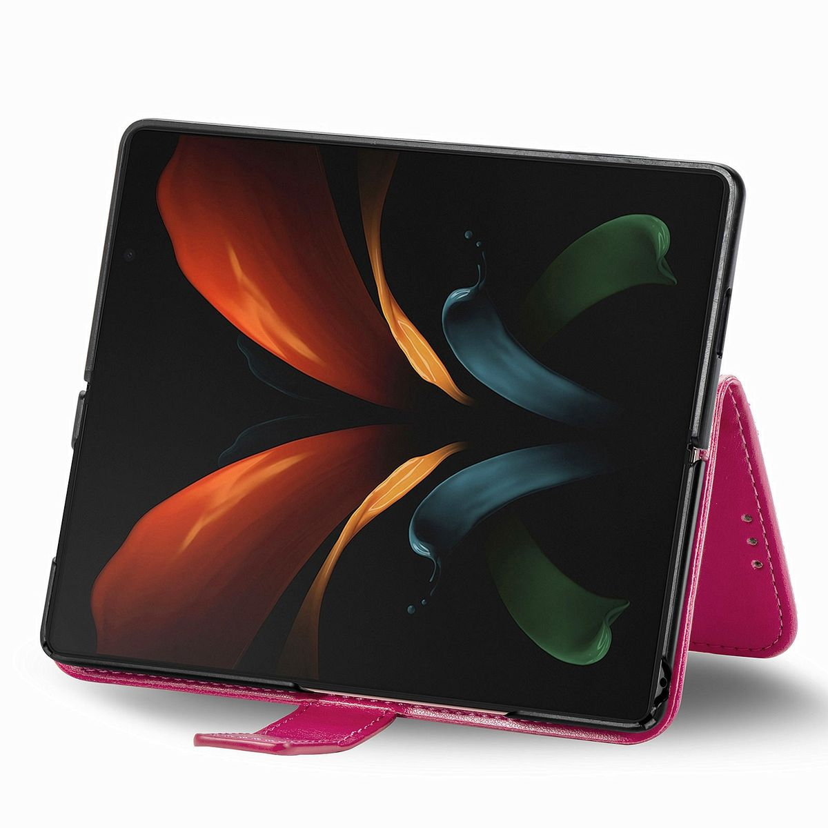Gefaltetes Tablet in einem rosa Etui. Tablet-Bildschirm hat farbenfrohes, abstraktes Design.