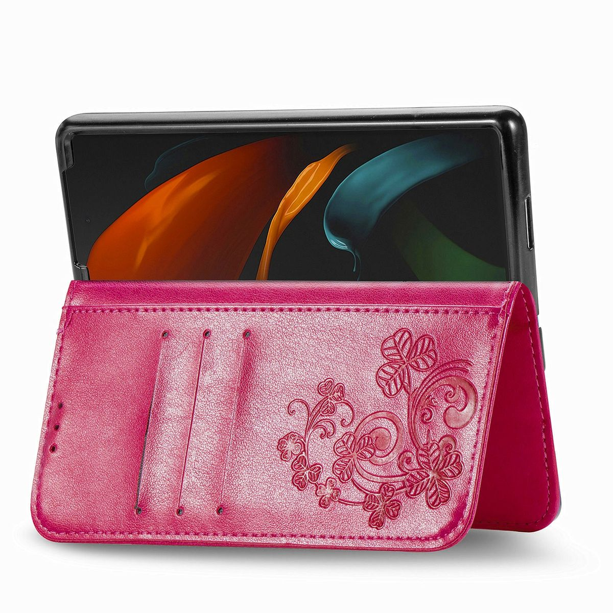 Rosa Handyhülle mit floralem Design und Telefon innen. Standfunktion ist sichtbar.