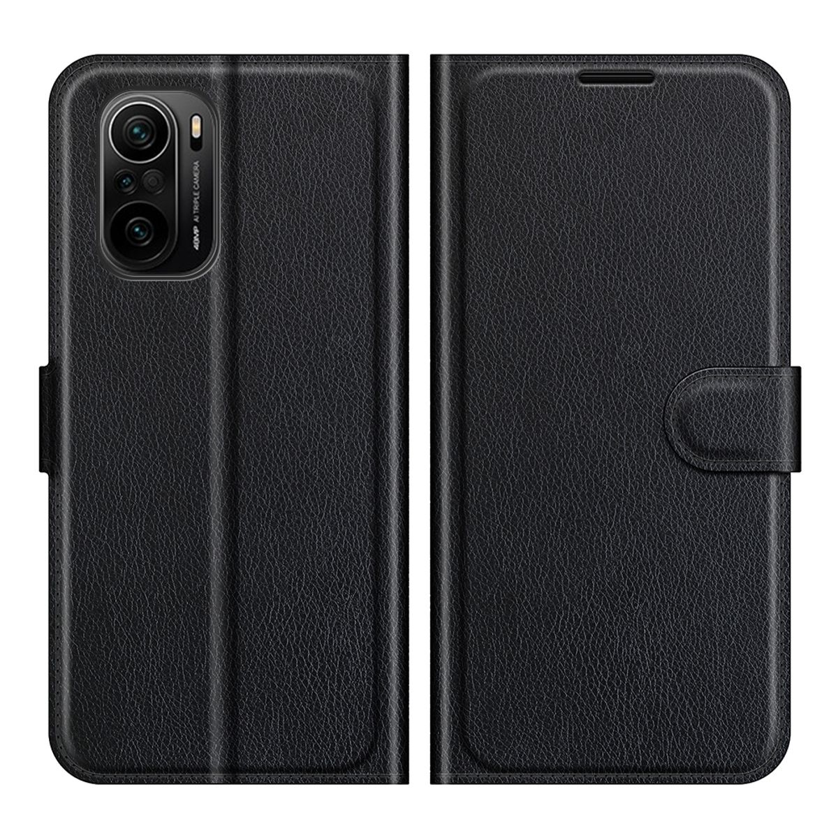 Schwarze Handyhülle, offen und geschlossen. Das Telefon ist nicht sichtbar.