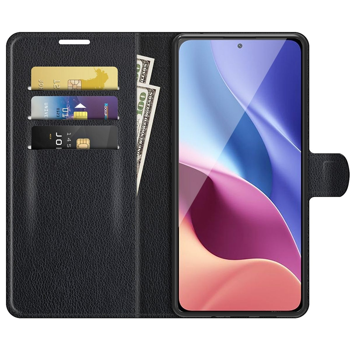 Schwarze Handyhülle mit Telefon, Karten und Geld.