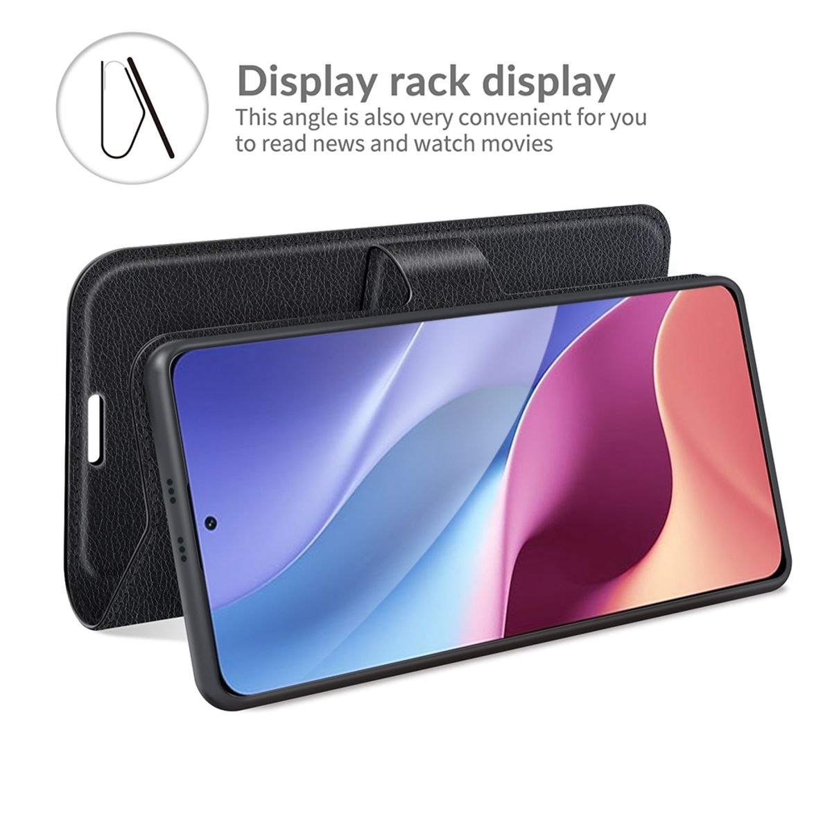Schwarze Handyhülle, mit einem Telefon darin. Text: Display-Rack-Anzeige. Schwarzer Hintergrund.
