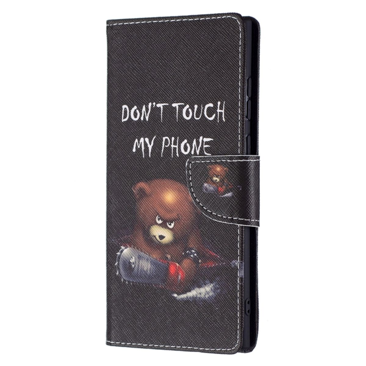 Eine schwarze Handyhülle mit einem Bären, der eine Kettensäge hält, Text lautet: 'Don't Touch My Phone'.