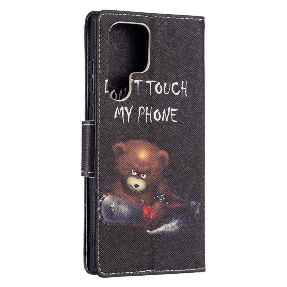 Schwarze Handyhülle mit Teddybär-Design und dem Text 'DON'T TOUCH MY PHONE'.