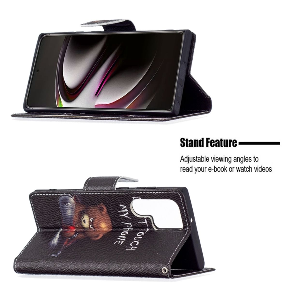 Geöffnete Handyhülle mit Telefon. Hülle mit Bären-Design, Schriftzug 'touch my phone'.