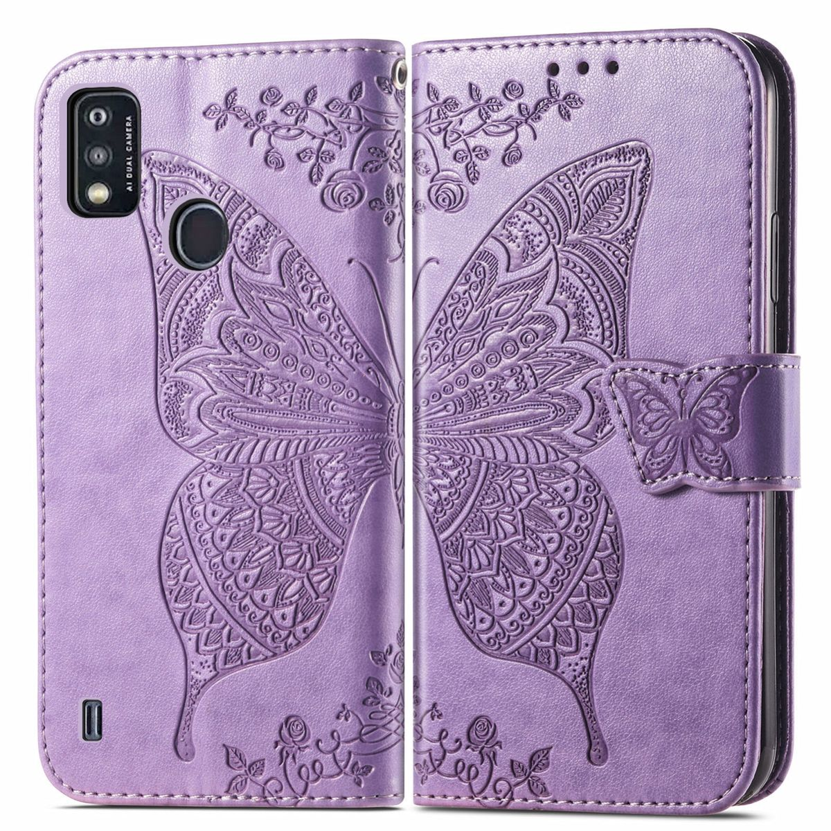 Lila Handyhülle offen mit Schmetterlingsdesign. Verzierungen, Blumen- und Astmuster sichtbar.