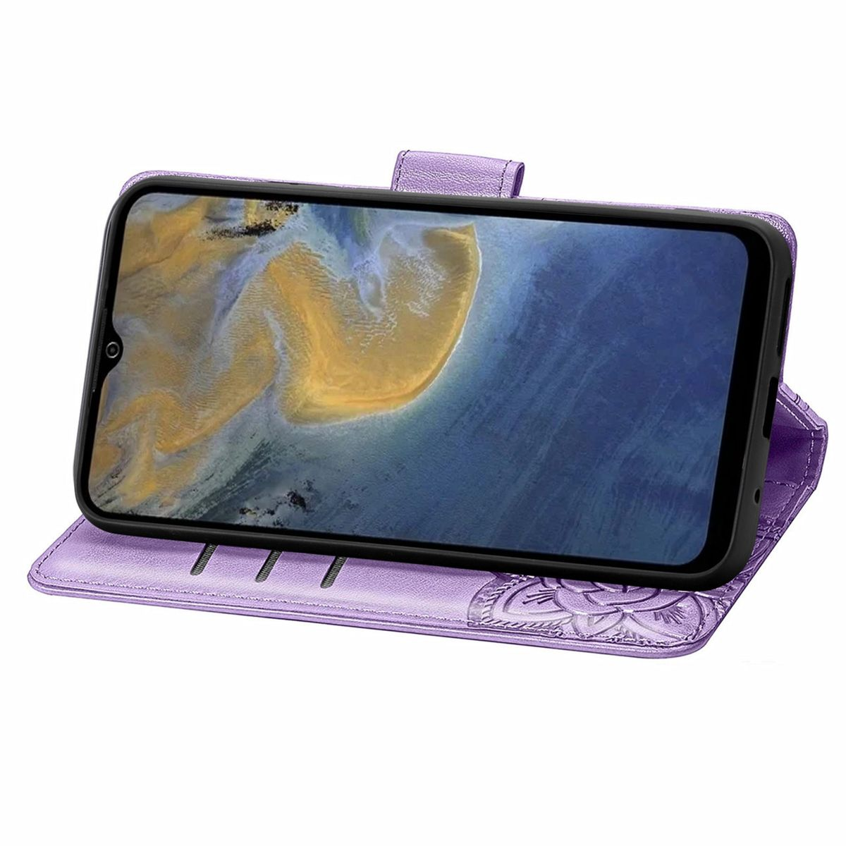 Eine lila Handyhülle, offen. Ein Telefon ist darin, mit dem Bildschirm nach vorne.