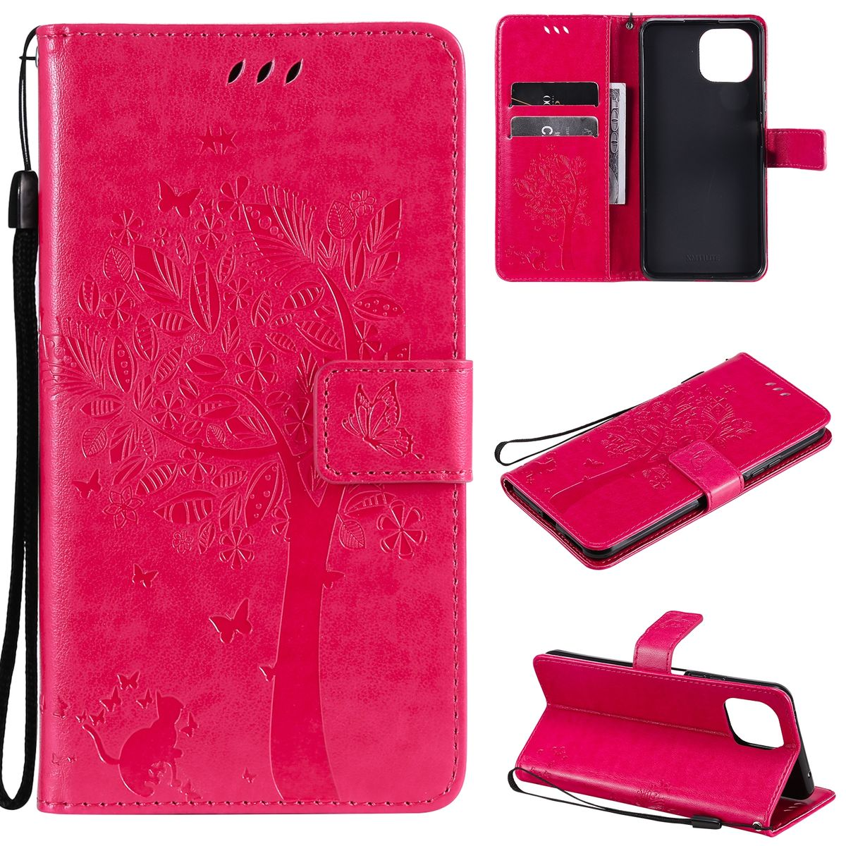 Rosa Handyhülle mit Baum- und Schmetterlingsdesign. Mehrere Ansichten zeigen die Hülle offen und geschlossen.