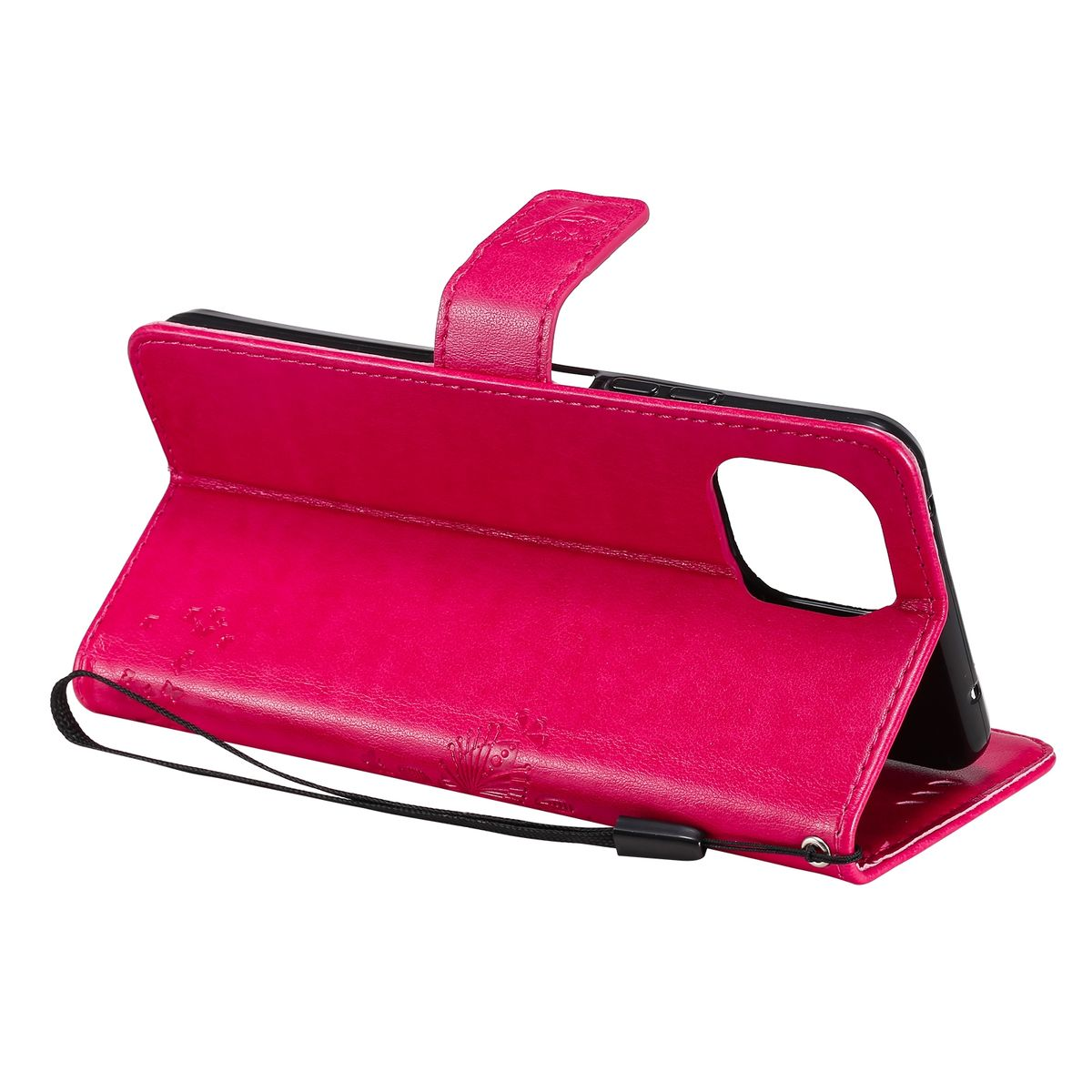 Geöffnete rosa Handyhülle zeigt ein Telefon, weißer Hintergrund.
