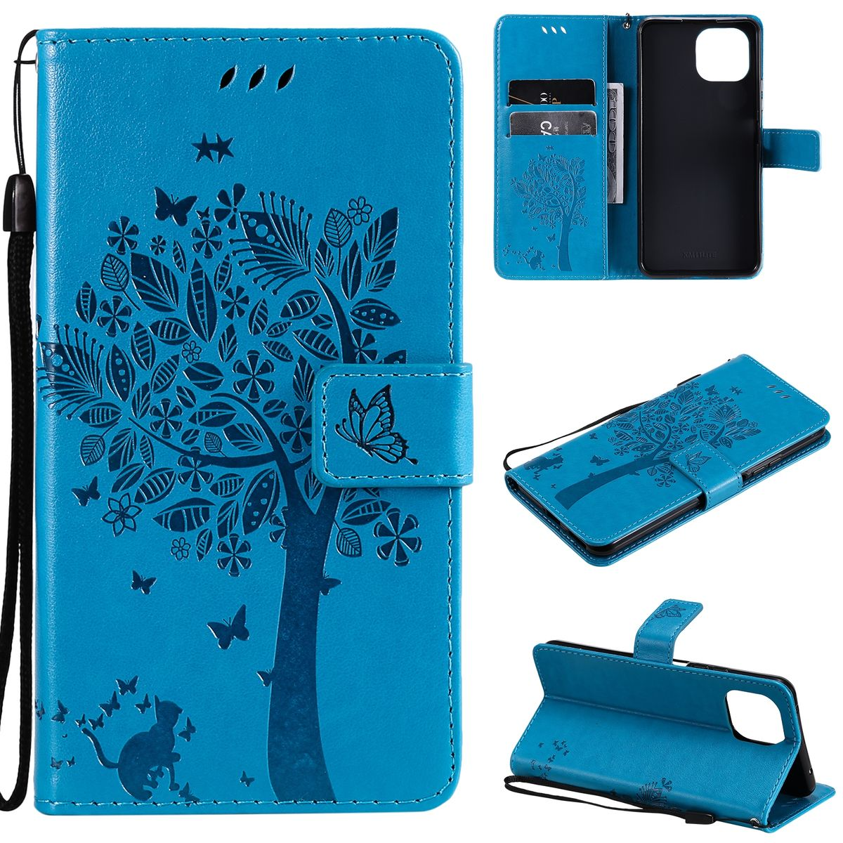 Eine blaue Handyhülle mit Baumdesign und Schmetterlingen.