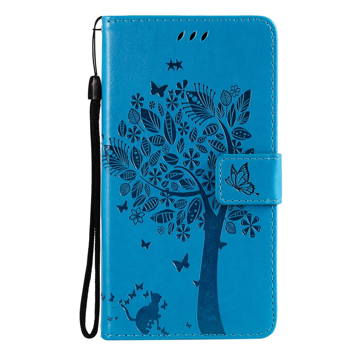 Blaue Handyhülle mit Baum- und Schmetterlingsdesign.