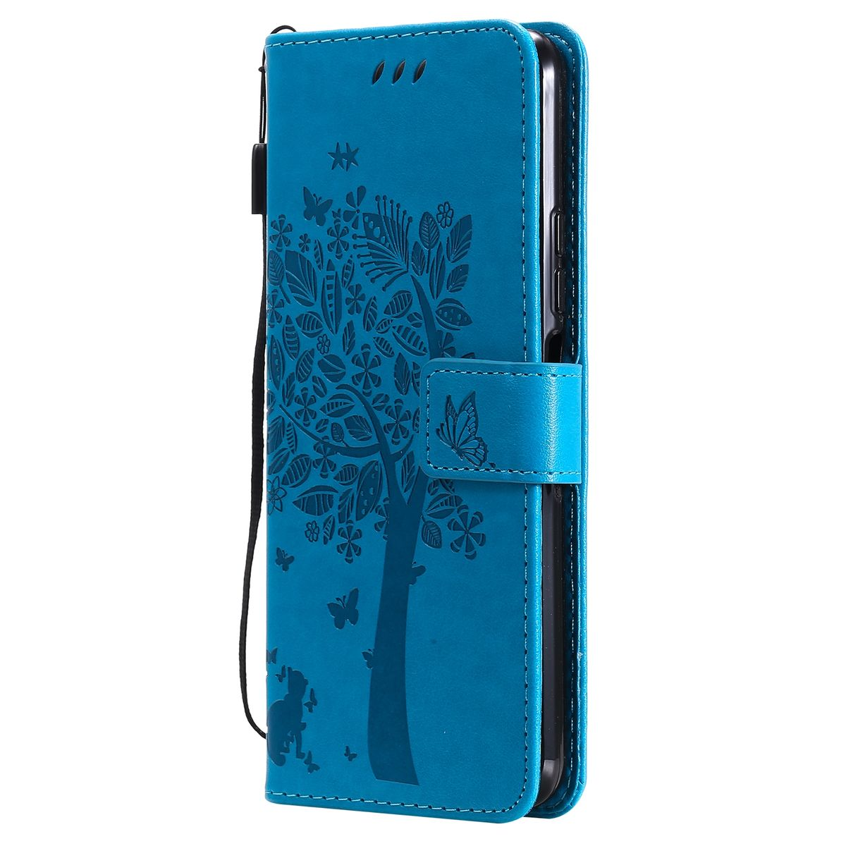 Blaue Handyhülle mit Baumdesign. Es ist mit einem Riemen geschlossen.