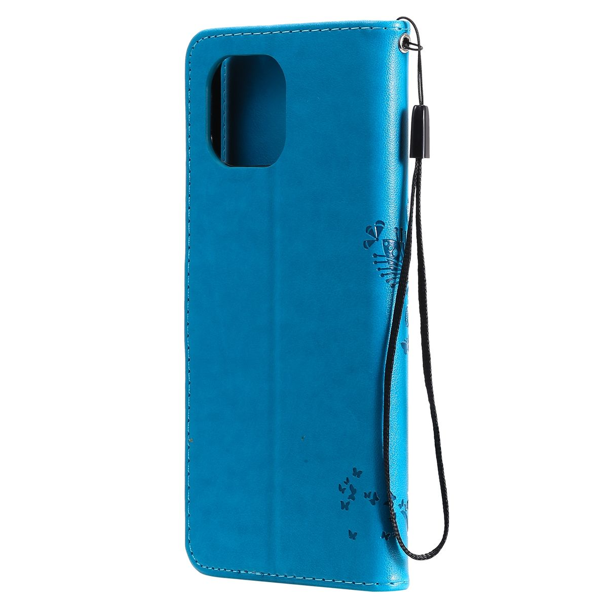 Eine blaue Handyhülle mit floralem Design und einem schwarzen Schlüsselband. Es gibt Schmetterlingsdetails.