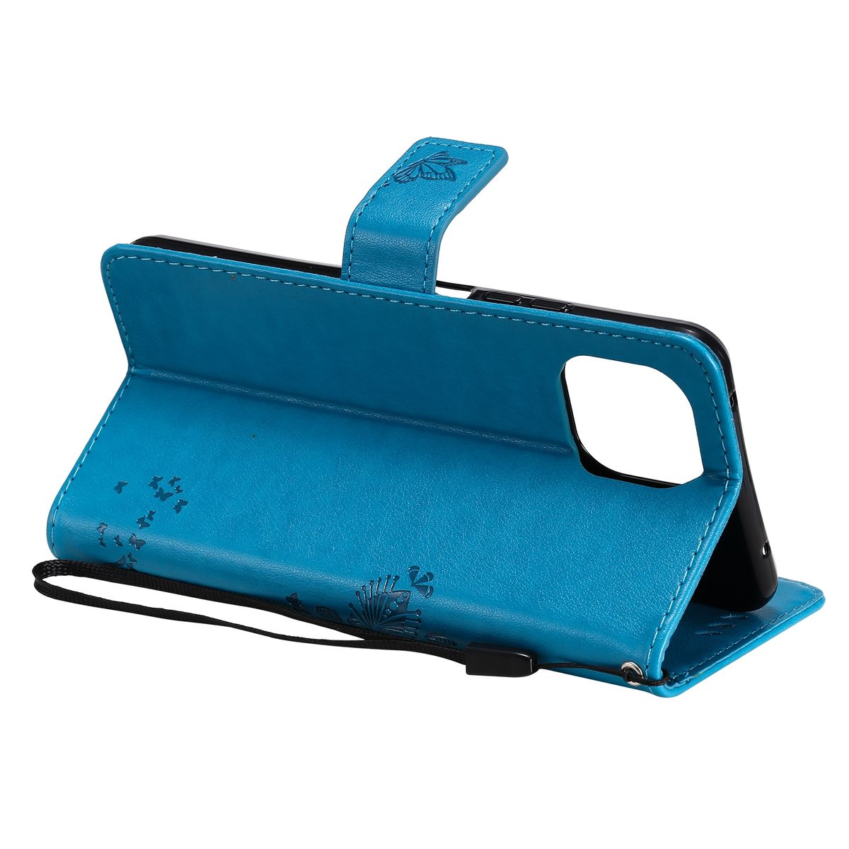 Eine blaue Handyhülle mit Löwenzahndesign und Magnetverschluss.