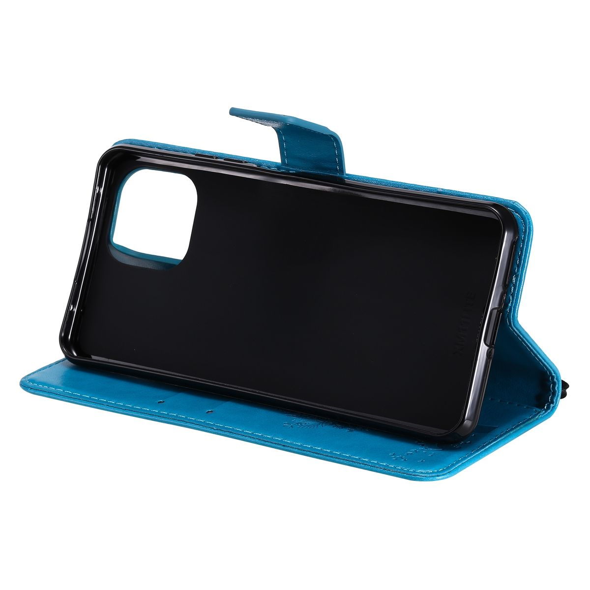 Geöffnete blaue Handyhülle mit einem Telefon darin, zeigt die Rückseite des Telefons.