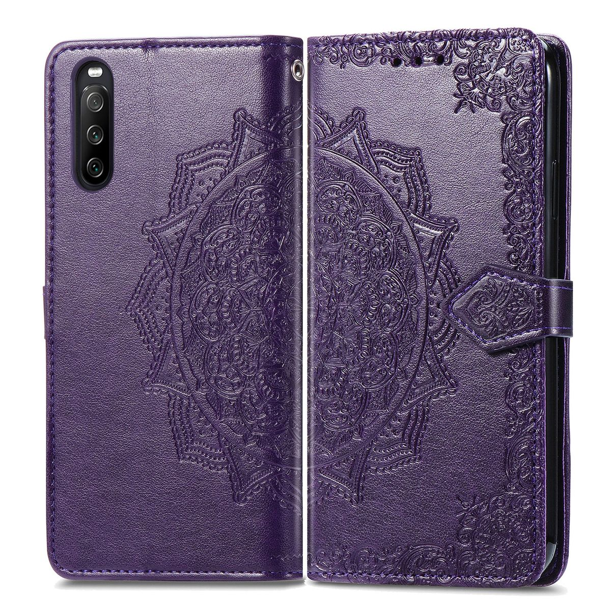 Geöffnete lila Handyhülle mit Telefon. Verziert mit floralem Design.