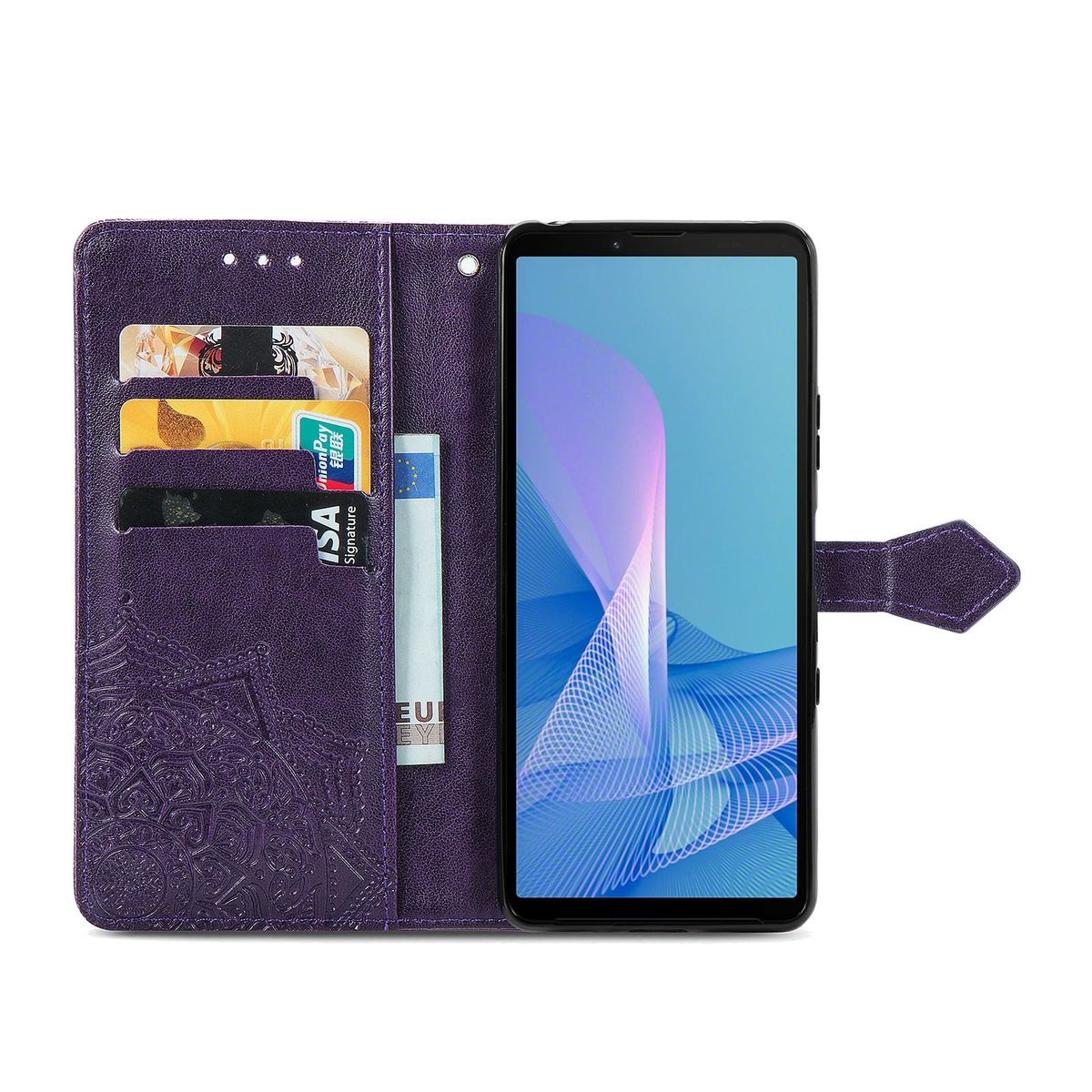 Lila Handyhülle, offen, zeigt ein Telefon. Karten und Geld im Inneren.