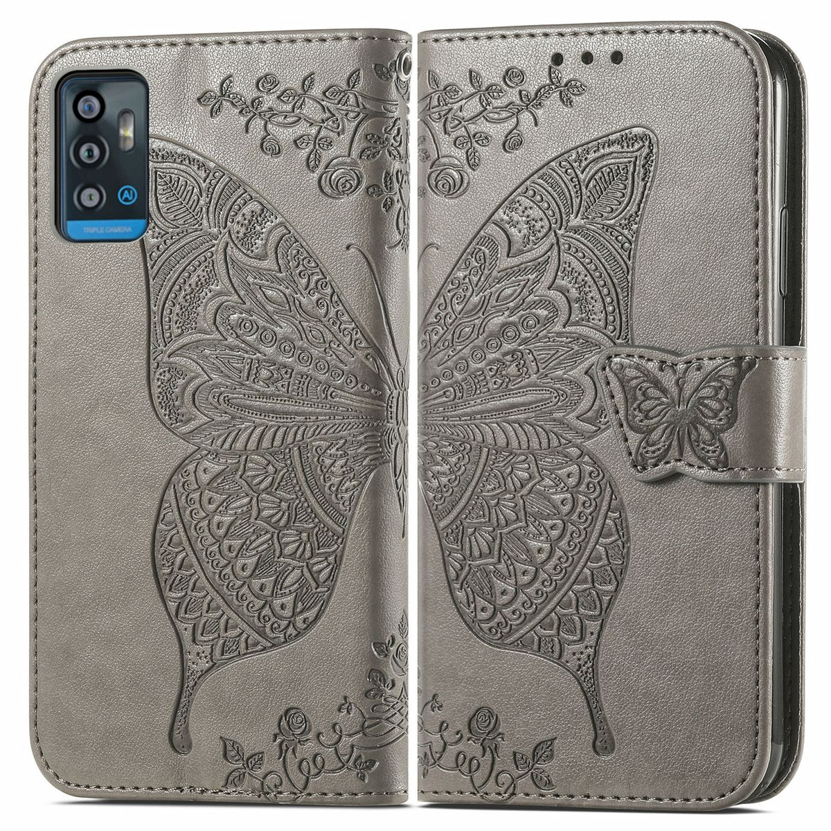 Graue Leder-Handyhülle mit geprägtem Schmetterling. Offen, mit floralen Details.