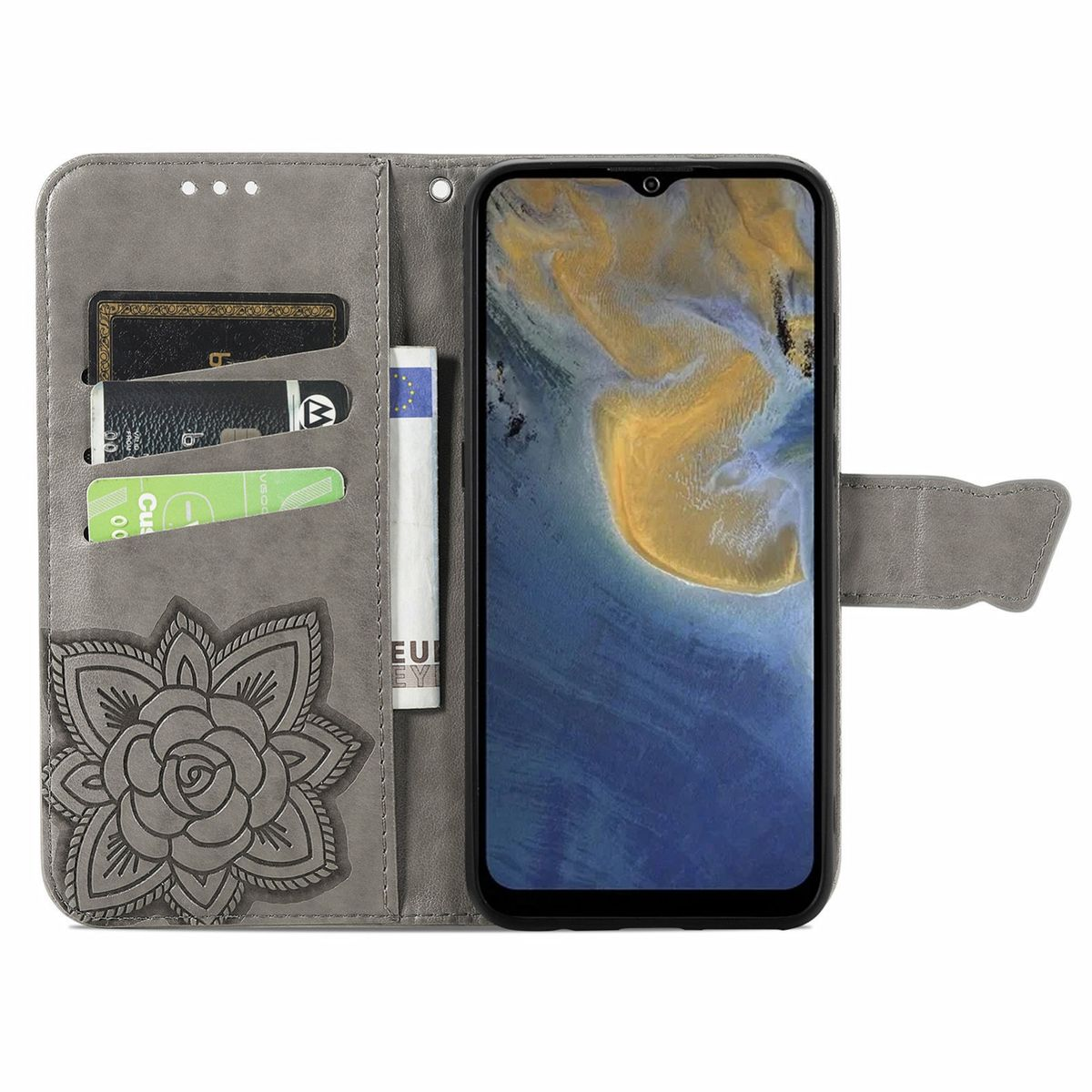 Graue Handyhülle offen. Innen, Telefon, Karten und Geld. Blumendesign links.
