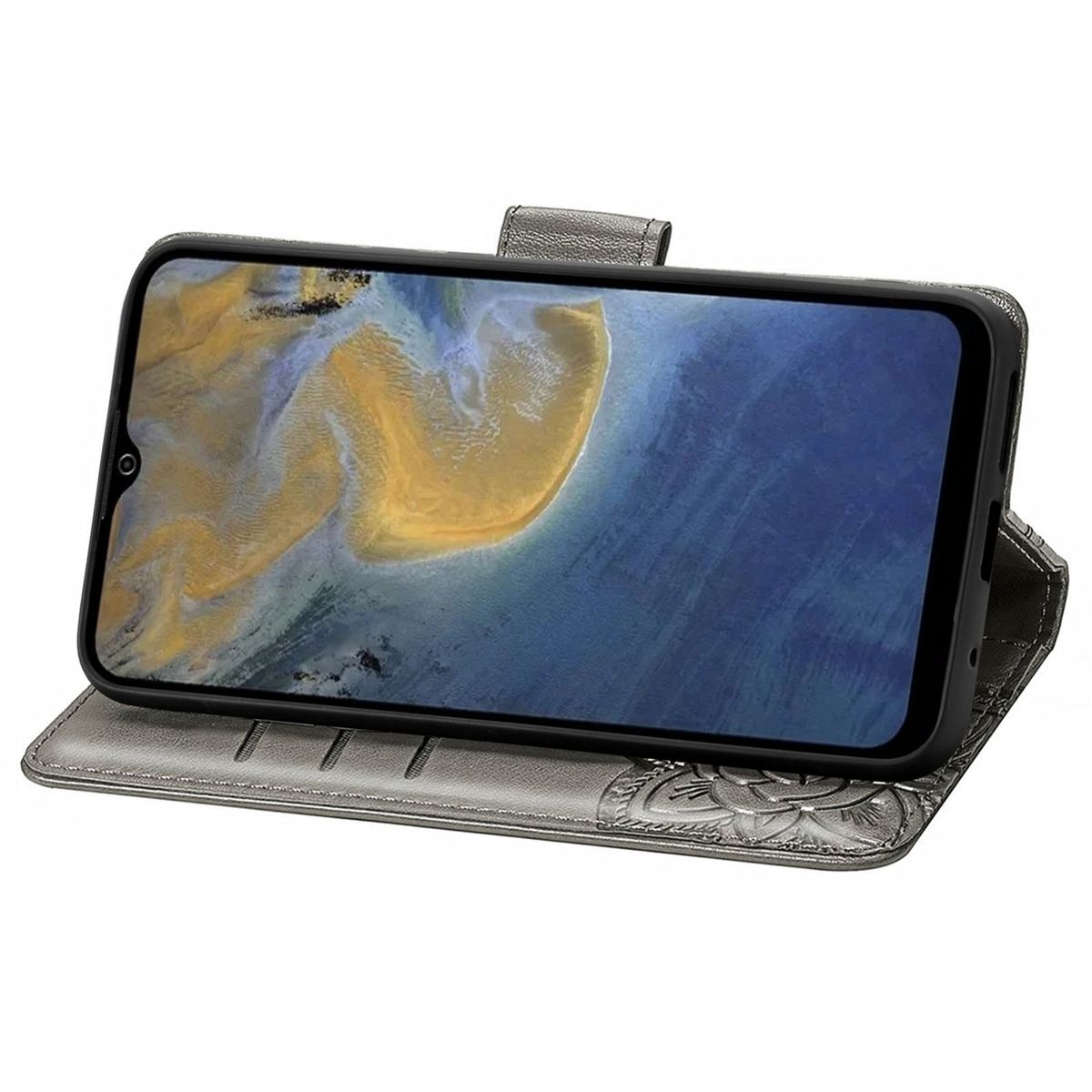 Handyhülle mit offenem Telefon, das eine Landschaft zeigt.