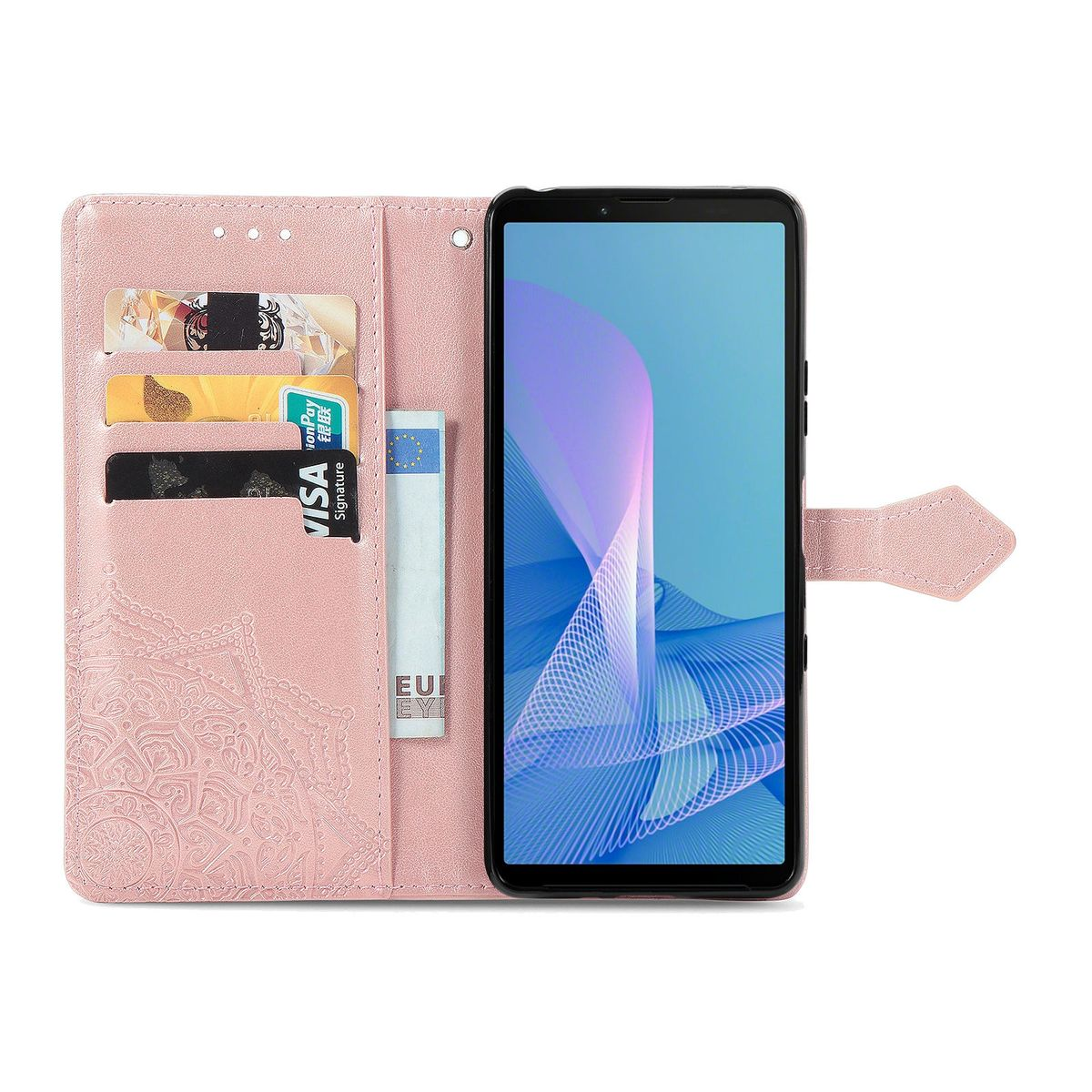 Rosa Handyhülle mit Kartenfächern und Telefon. Karten sichtbar.