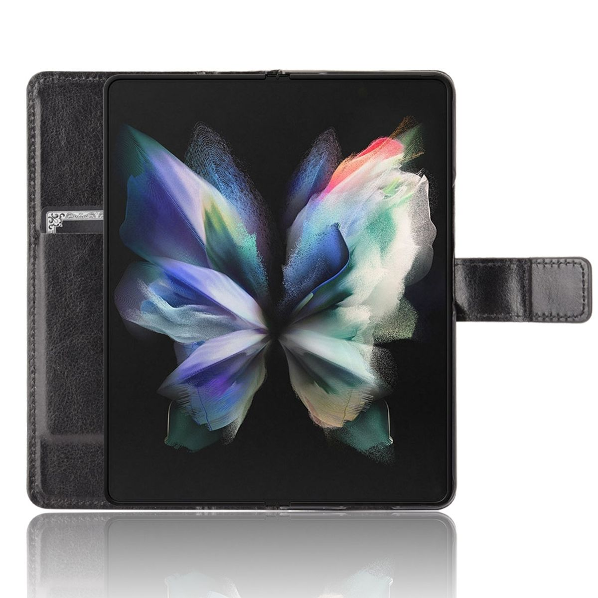 Eine schwarze Hülle mit einem Telefon darin, das ein farbenfrohes Display zeigt.