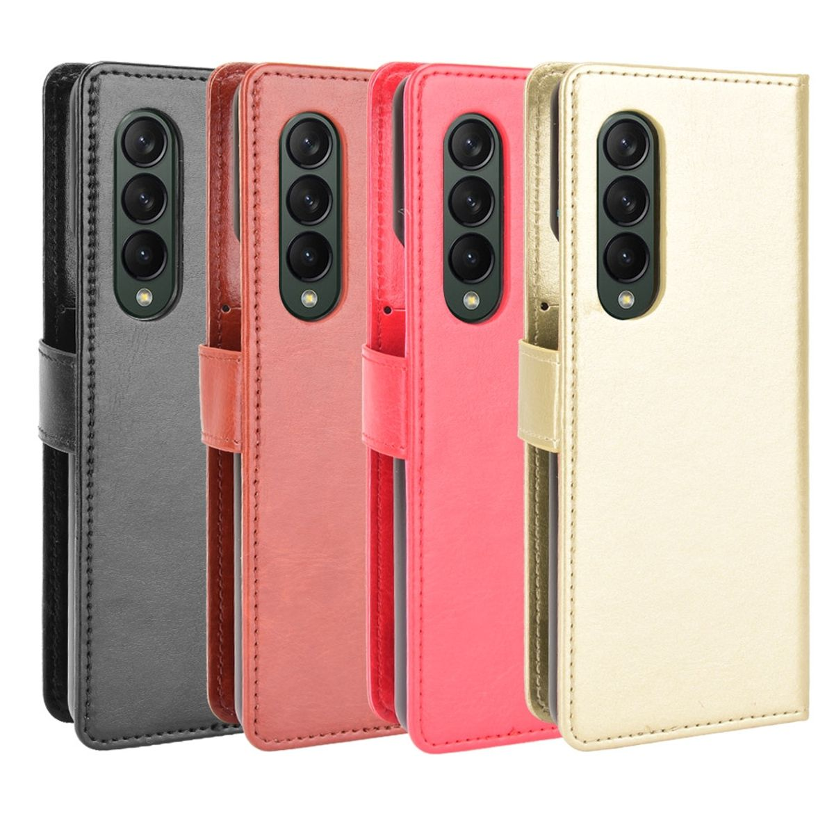 Vier Handyhüllen in Schwarz, Grau, Rot und Gold. Jede ist eine Brieftaschenhülle mit Ausschnitten für Telefon und Kamera.
