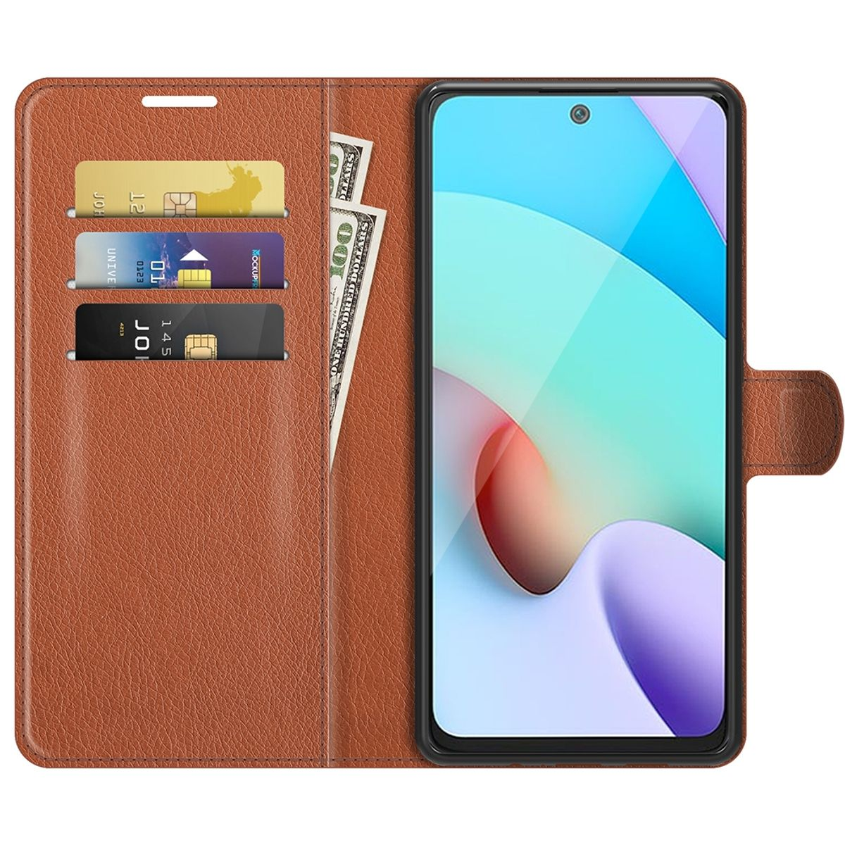 Braune Handyhülle mit Karten und Geld im Inneren, mit einem Telefon, das angezeigt wird. Sie ist geöffnet.
