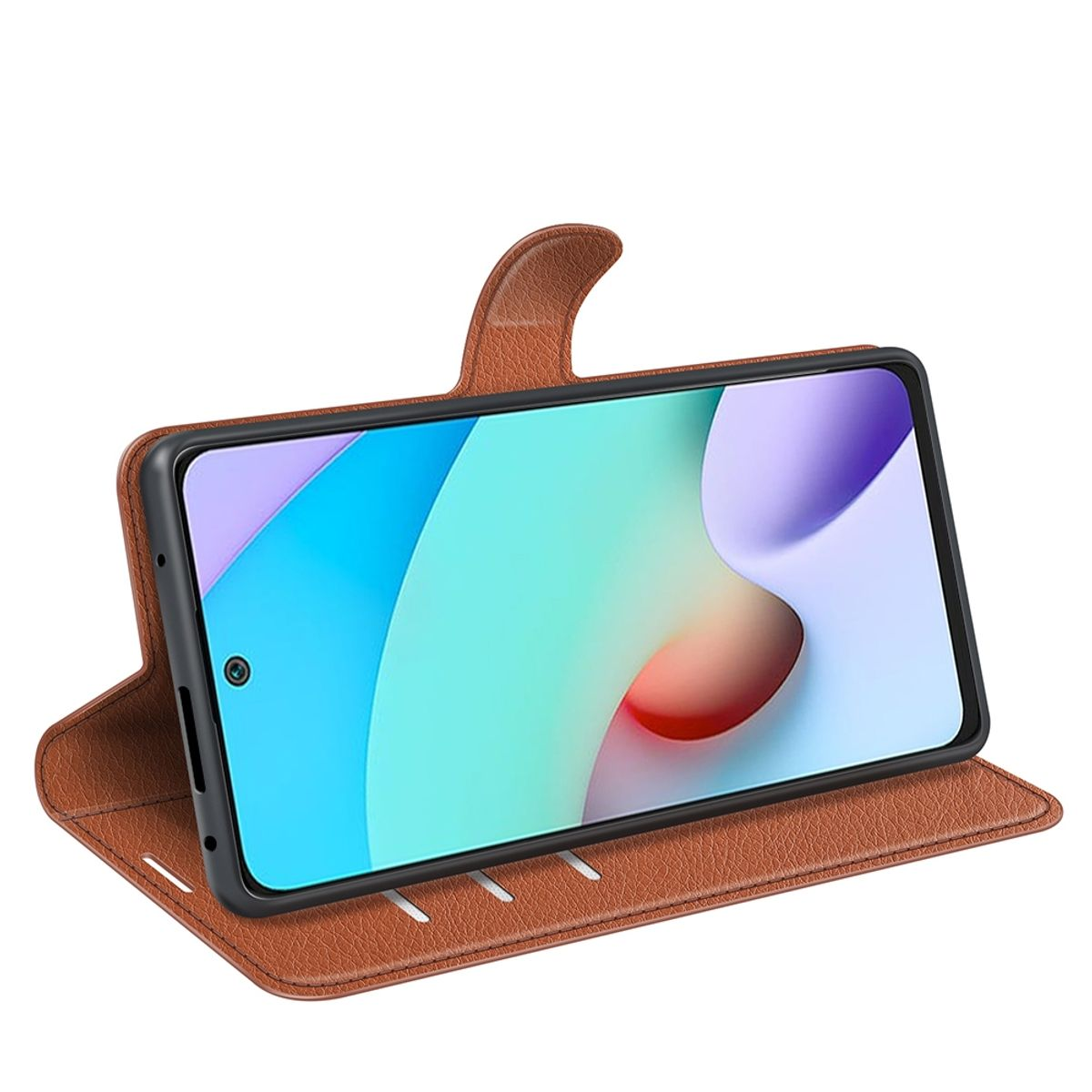 Eine braune Handyhülle, offen. Ein Telefon ist darin, mit dem Bildschirm nach vorne.